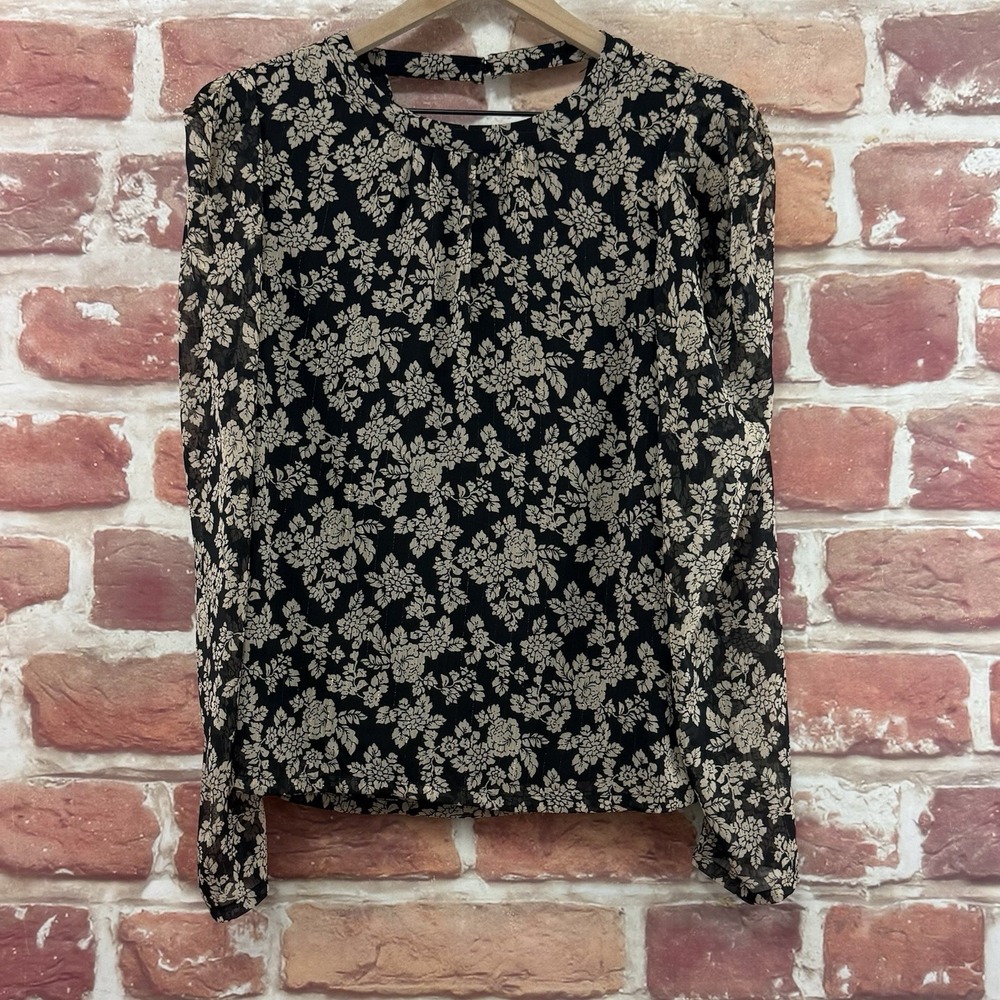 CeCe Top Women's M Black Tan Metallic Floral Cottage Chic Casual Career Shirt